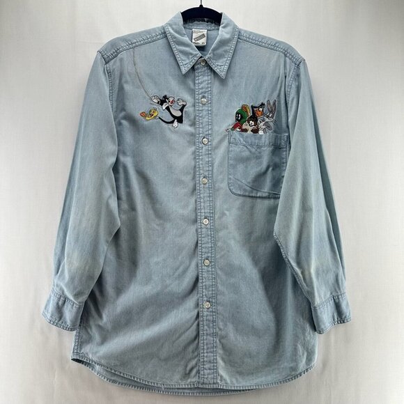 Warner Bros. Other - VTG Warner Bros. Shirt Adult XS Looney Tunes Denim Embroidered Button Down Blue